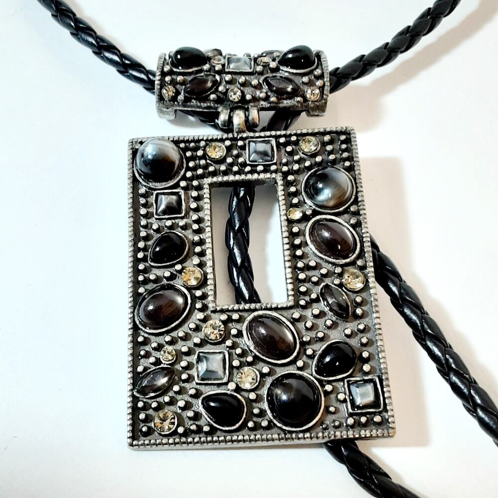 Ornate Silver Tone Dark Polished Stone Bolo Tie Black Braided Leather Cord